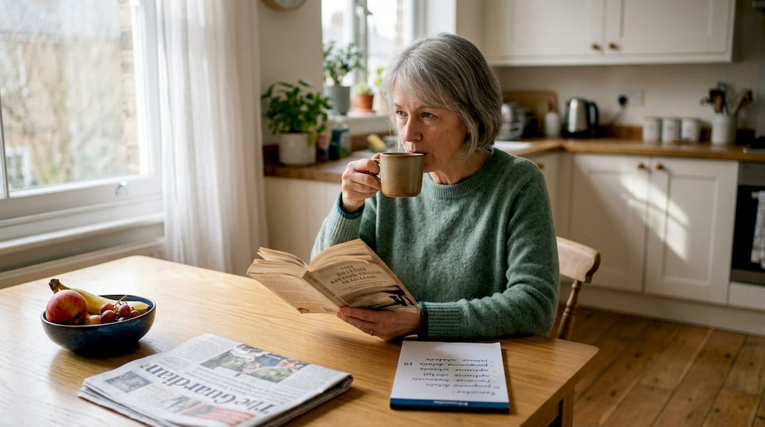 Woman reading in sunlit kitchen setting