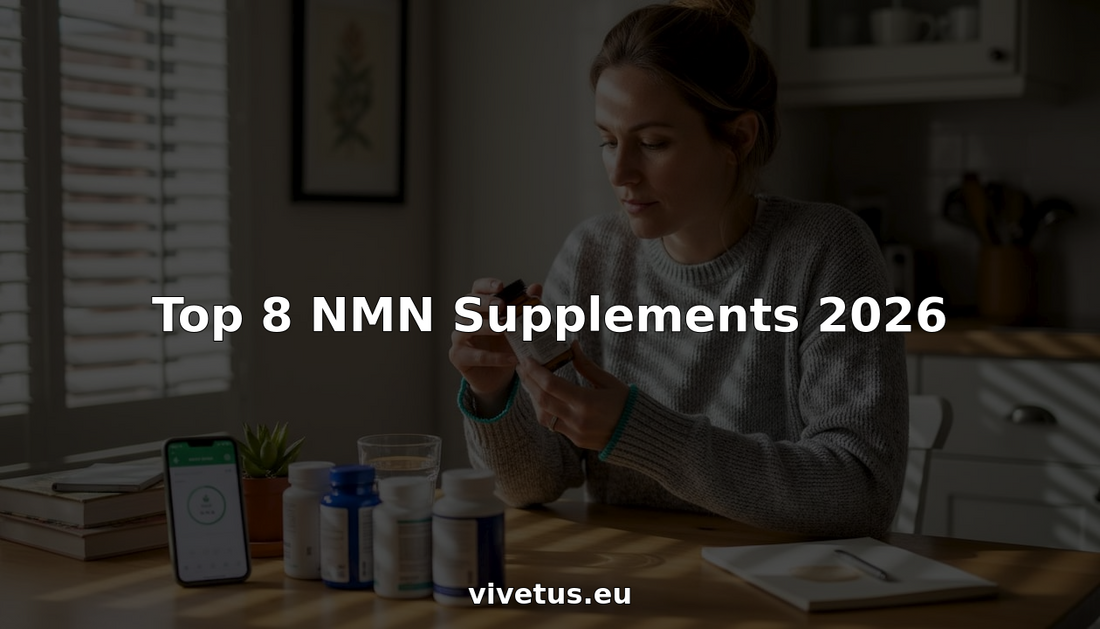 Woman reading NMN supplement labels at kitchen table
