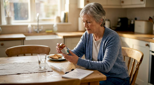 Older woman reading supplement label in kitchen