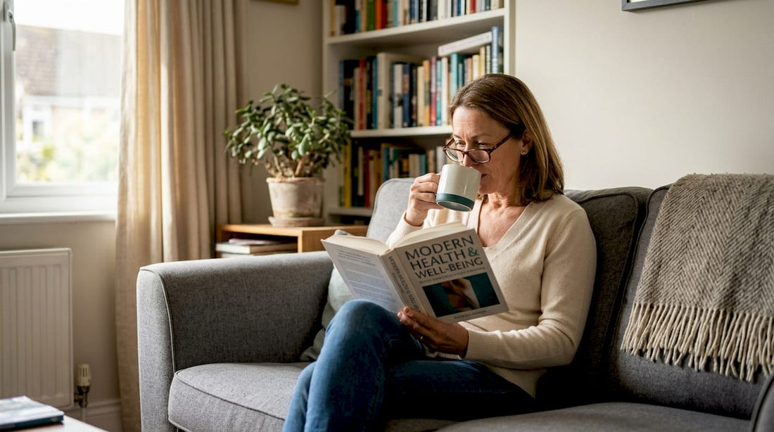 Middle-aged woman relaxing with tea and book