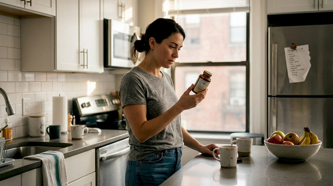 Woman reading supplement label in kitchen