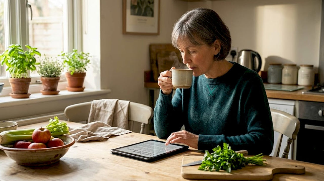 Woman reading about healthy ageing at kitchen table