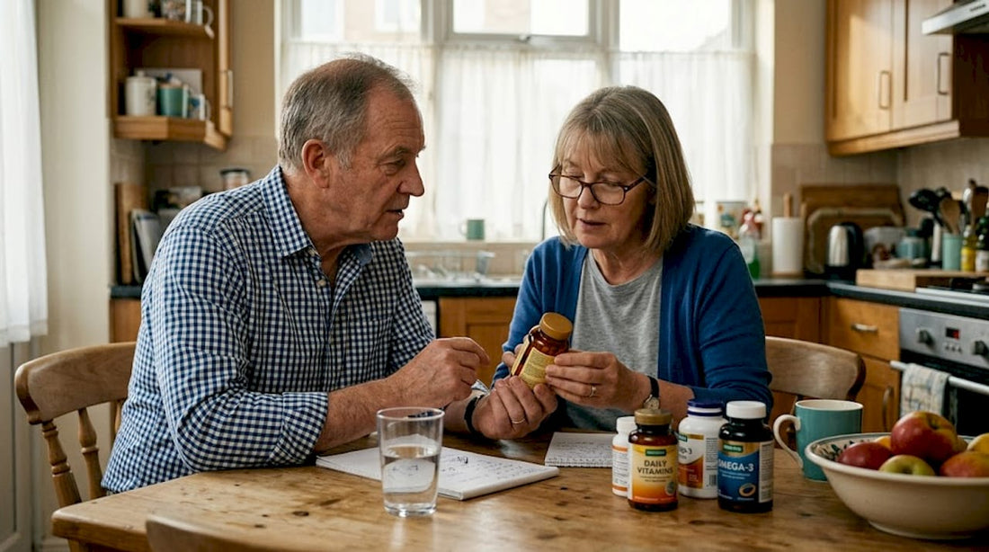 Older couple reviewing vitamin supplements together