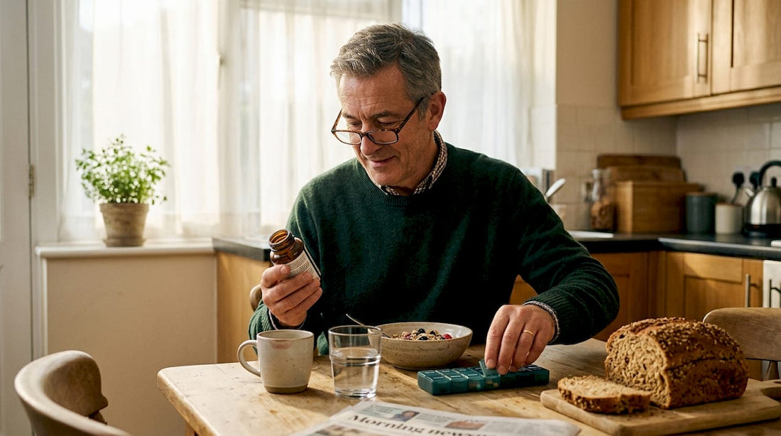 Man organizing supplements at breakfast table