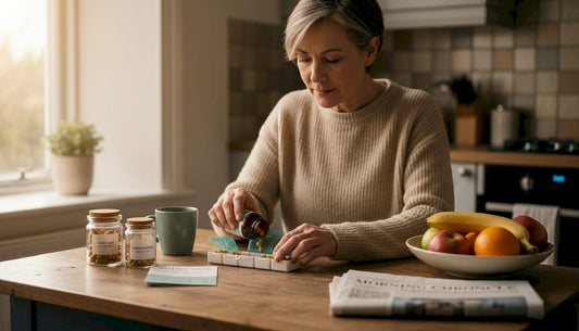 Woman sorting herbal supplements at kitchen table