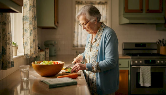 Elderly woman preparing salad in bright kitchen