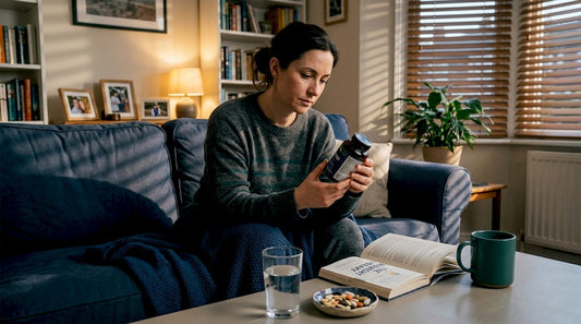 Woman reading sleep supplement label at home