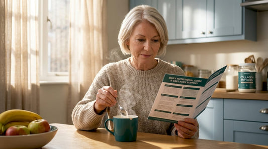 Older woman stirs collagen powder in coffee