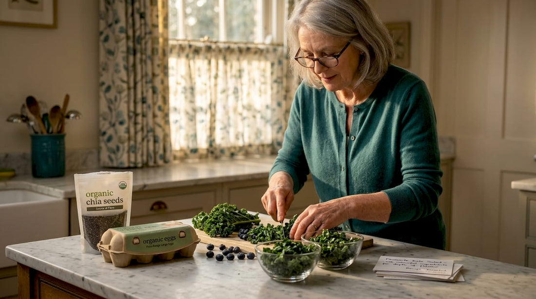 Senior preparing healthy superfood meal in kitchen