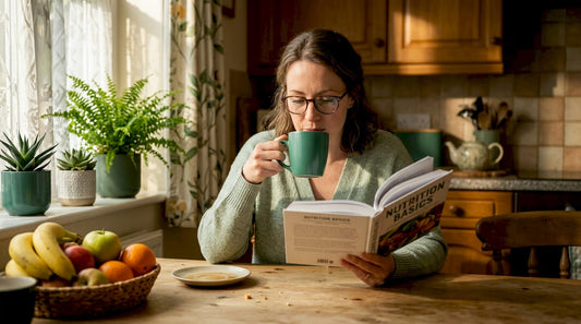 Woman reading about nutrition in kitchen