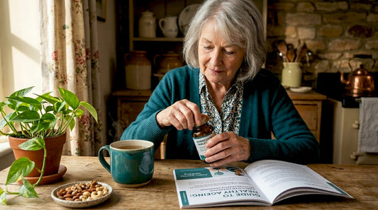 Senior woman managing magnesium supplements at home