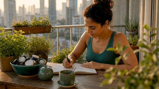 Woman tracking supplement effectiveness at home