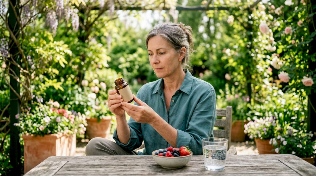 Woman reading omega-3 supplement label at kitchen table