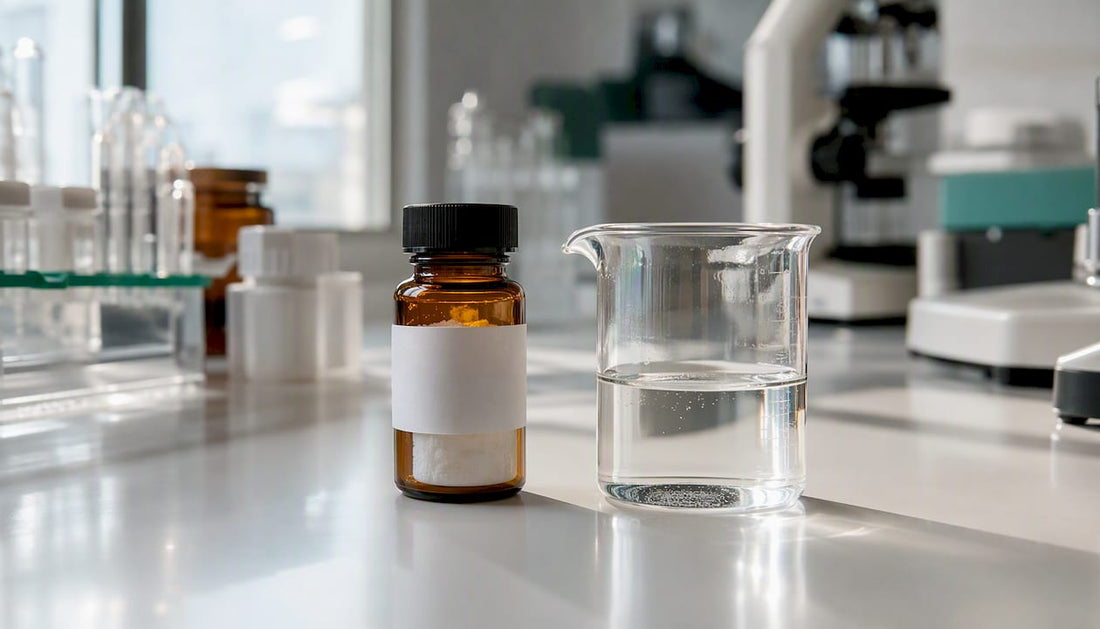 Lab vial and beaker with resveratrol solution