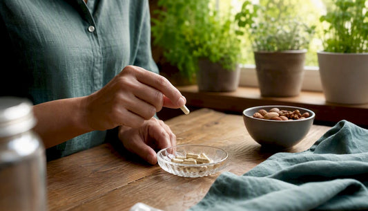 Hands measuring supplement capsules on plate