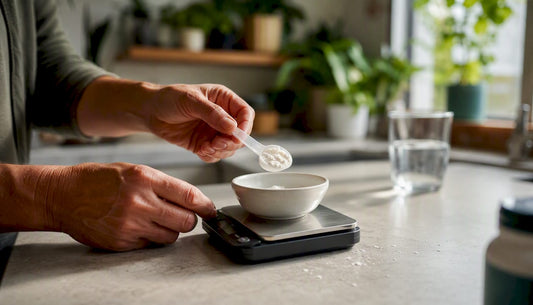 Hands weighing NMN powder on digital scale