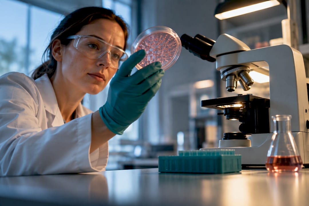 Scientist examining cell culture assay