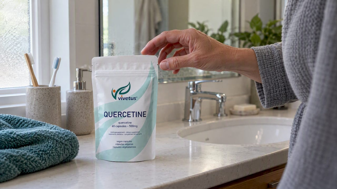 Vivetus quercetin supplement beside bathroom sink