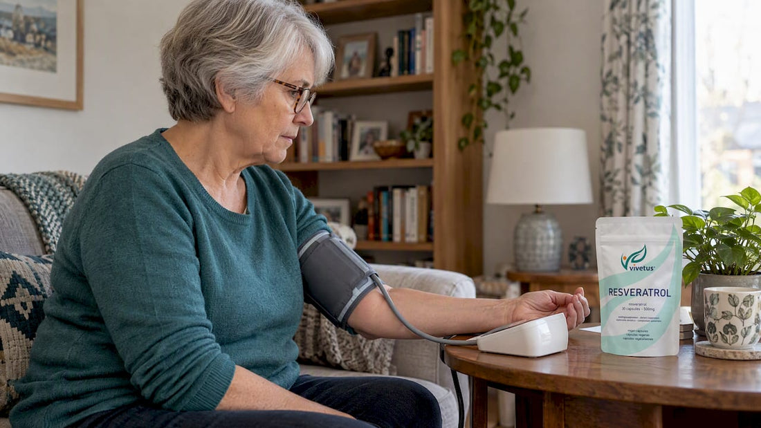 Older adult checking blood pressure beside resveratrol