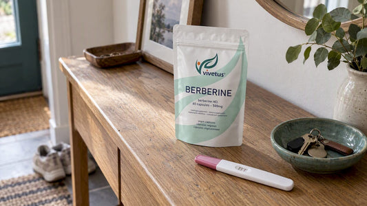 Berberine supplement beside a pregnancy test